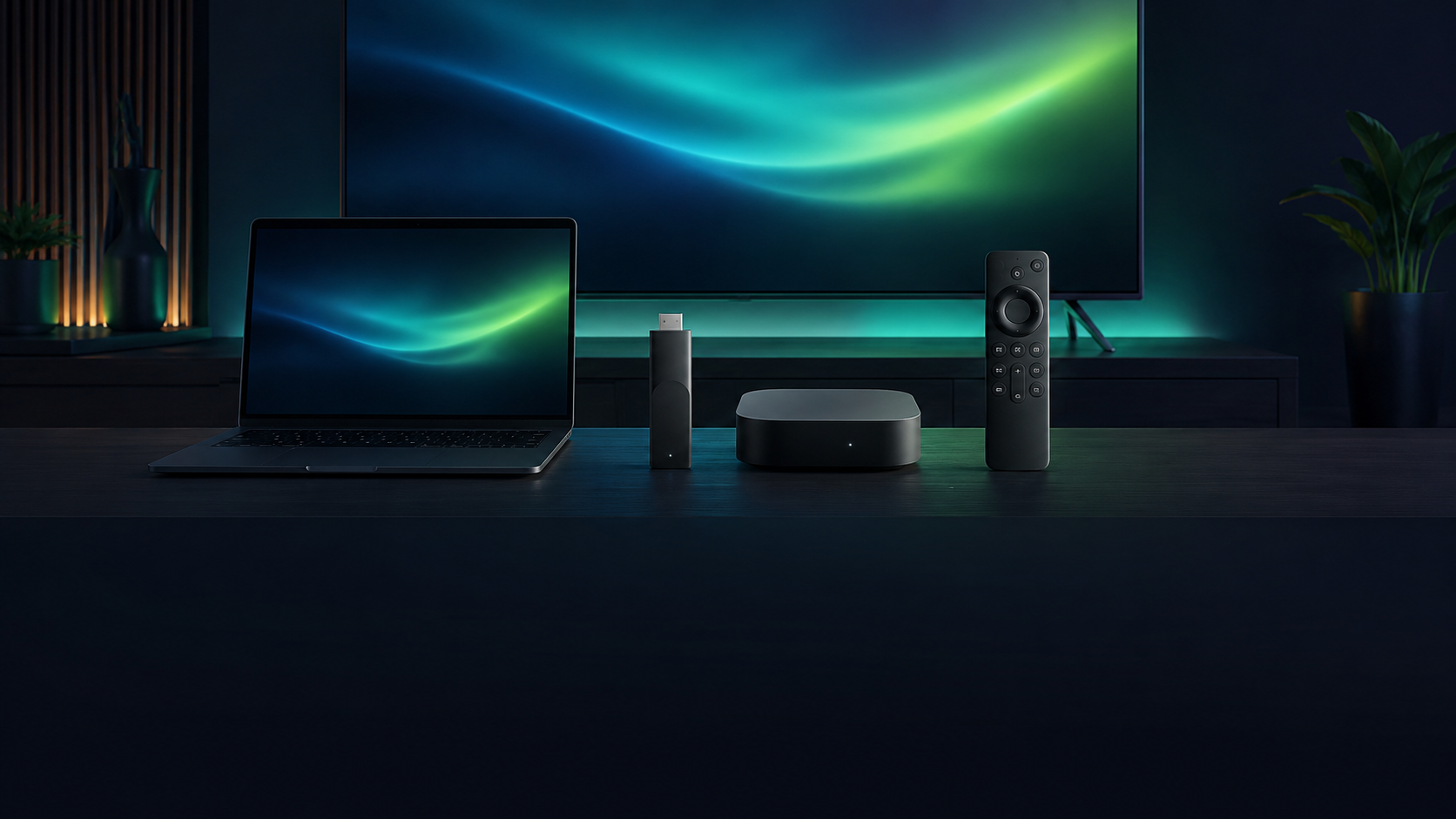 Television, streaming device, TV box, laptop and remote ready for home entertainment
